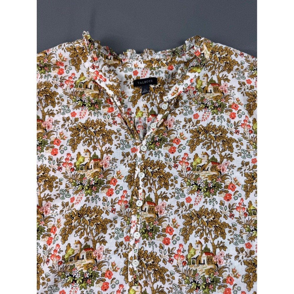 Talbots Tuscan Countryside Chateau Patterned‎ Ruffle Neck Blouse Top Large - Picture 5 of 14